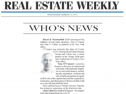 Thomas O'Connor and Alan Cohen Featured in Real Estate Weekly's Who's News