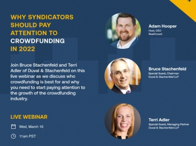 Terri Adler and Bruce Stachenfeld Panelists at RealCrowd "Why Syndicators Should pay attention to crowdfunding in 2022" Webinar