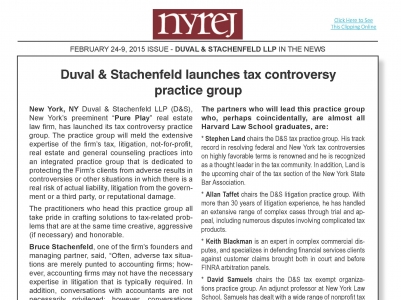 Duval & Stachenfeld Launches Tax Controversy Practice Group