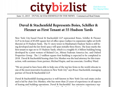 Duval & Stachenfeld Represents Boies, Schiller & Flexner as First Tenant at 55 Hudson Yards
