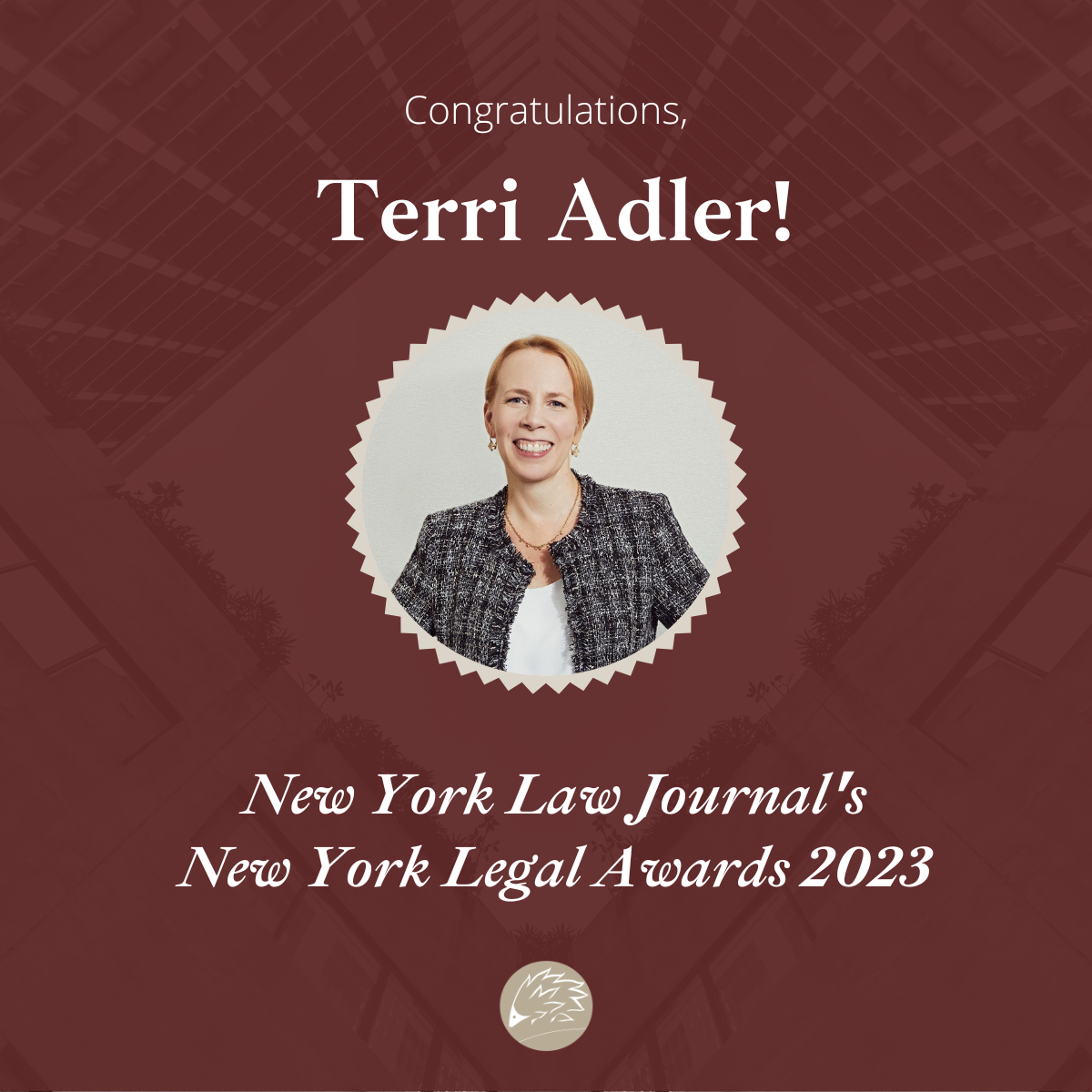 a color photo with graphic of a smiling Terri Adler with the words Congratulations Terri Adler! New York Law Journal's New York Legal Awards 2023