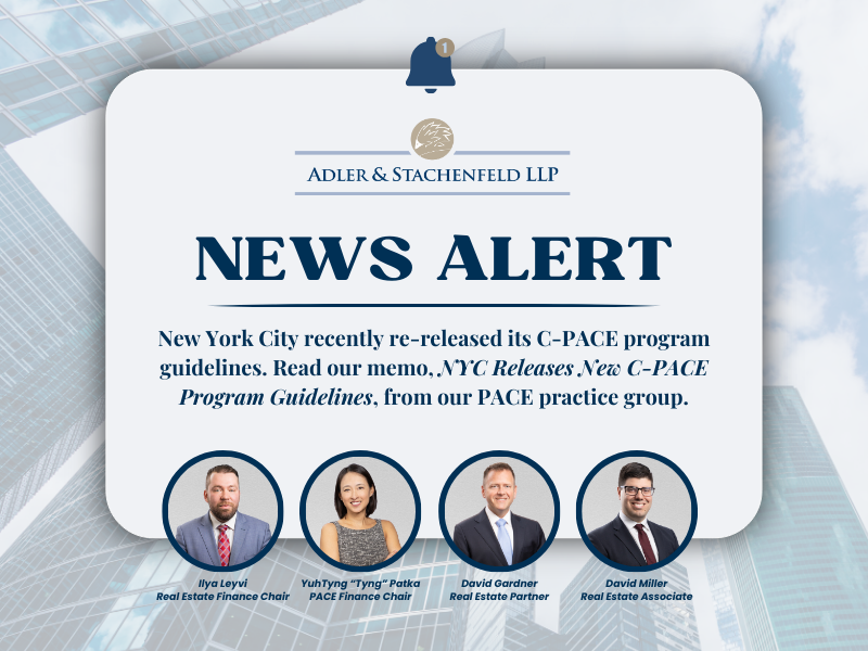 Graphic with the words News Alert with photos of Ilya Leyvi, YuhTyng Patka, David Gardner, and David Miller, members of our PACE Finance Practice