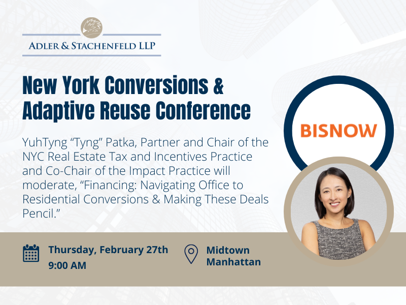 Graphic with photo of YuhTyng Patka with logo Bisnow and the words NY Conversions & Adaptive Reuse Conference