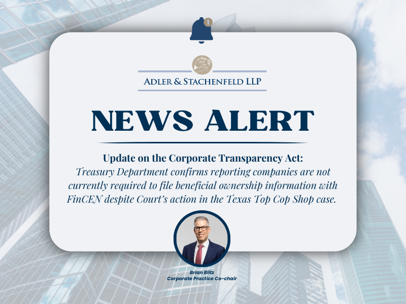 News Alert Graphic announcing a Corporate Transparency Act (ACT) update featuring Brian Blitz, Co-chair of the Corporate Practice