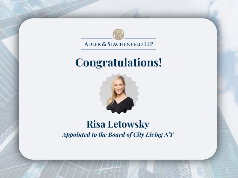 Graphic featuring Risa Letowsky with words of congratulations on her appointment to the Board of City Living NY