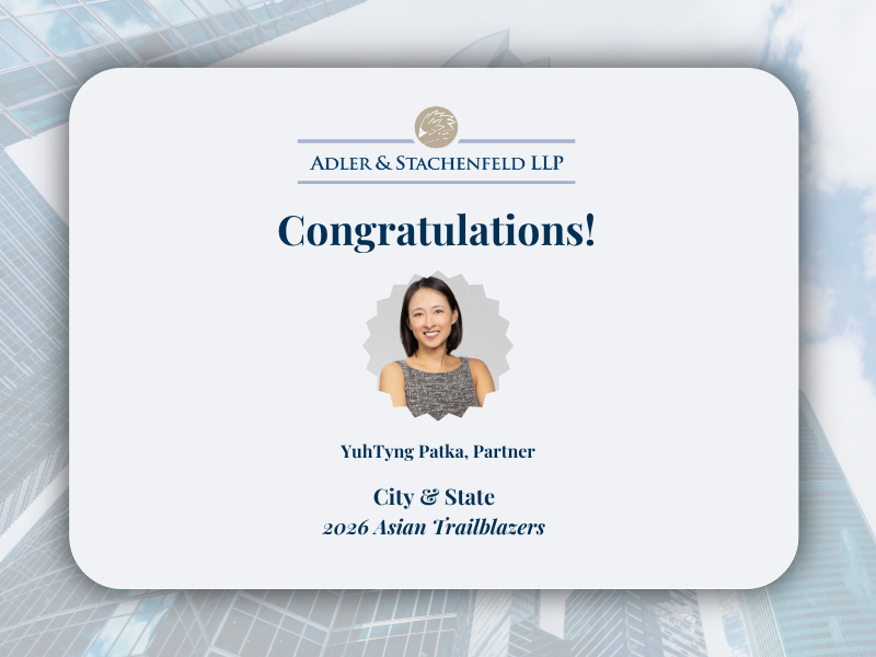 Adler & Stachenfeld LLP congratulatory graphic recognizing YuhTyng Patka, Partner, for being named to City & State’s 2026 Asian Trailblazers list, featuring her headshot on a cityscape background.