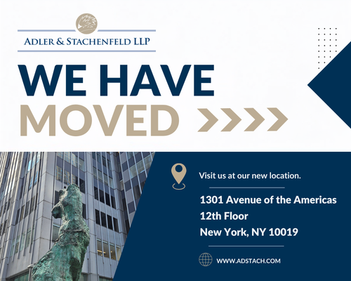 Adler & Stachenfeld LLP Move Announcement Graphic with New Address