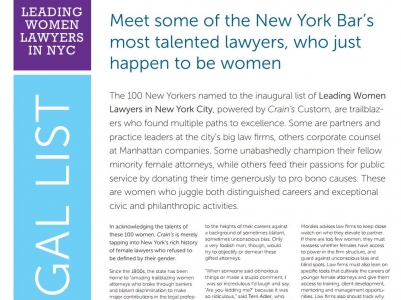 Terri Adler & Jessica Millett Named to Crain's Leading Women Lawyers in New York City